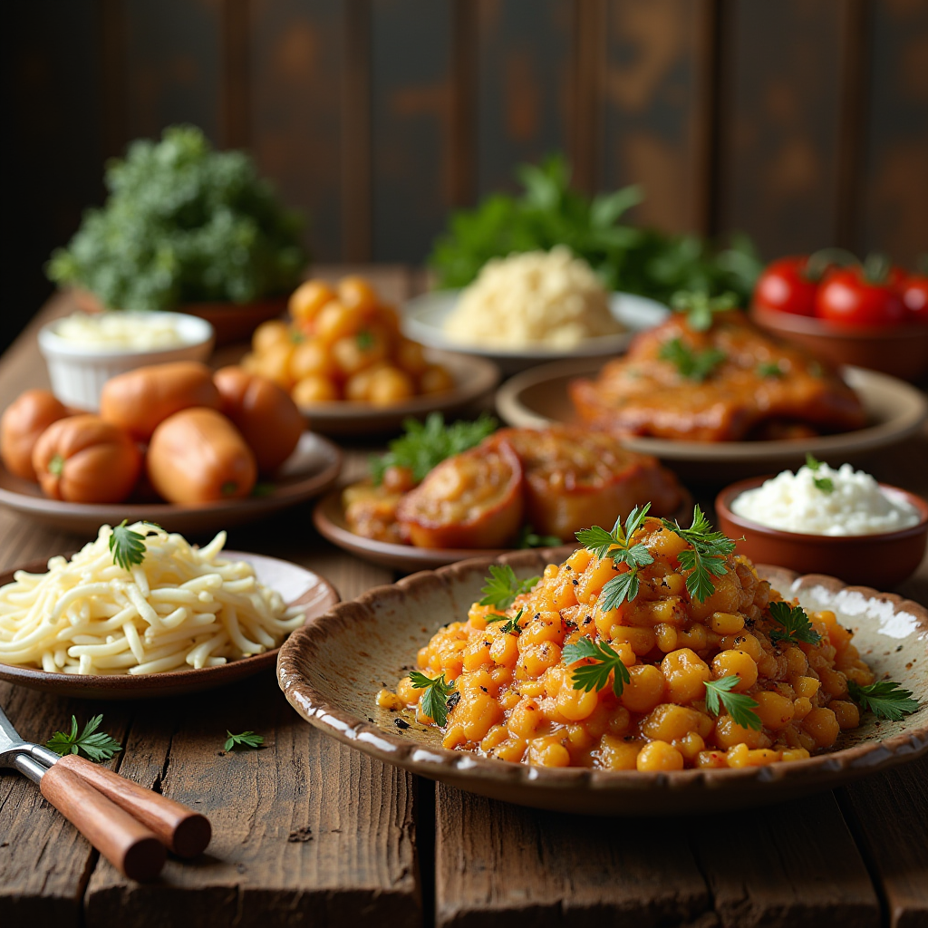 Beautiful spread of homemade dishes on a rustic wooden table, showcasing the results of culinary skill development and the joy of home cooking