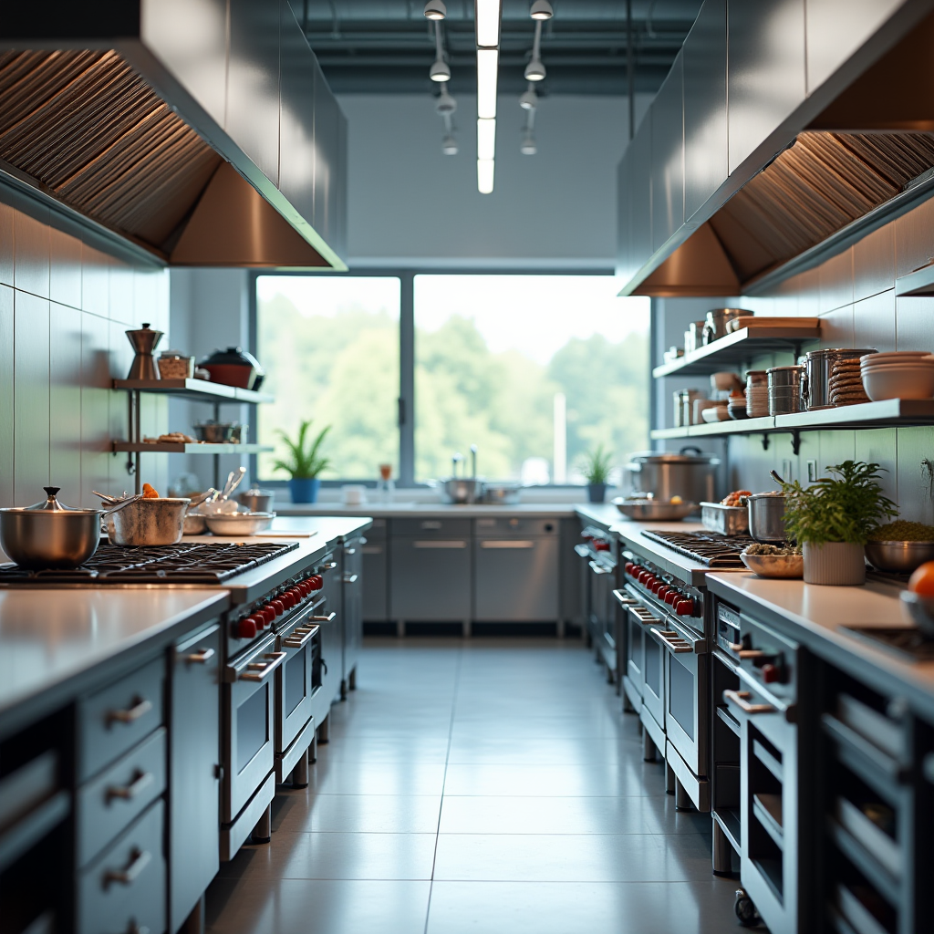 Modern culinary training kitchen with stainless steel countertops, professional cooking equipment, and bright natural lighting showcasing a welcoming learning environment