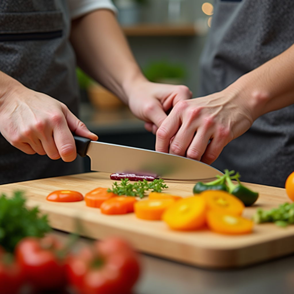Close-up of hands demonstrating proper knife grip and cutting technique on a wooden cutting board with colorful fresh vegetables, showing fundamental culinary skills practice in a well-lit kitchen environment
