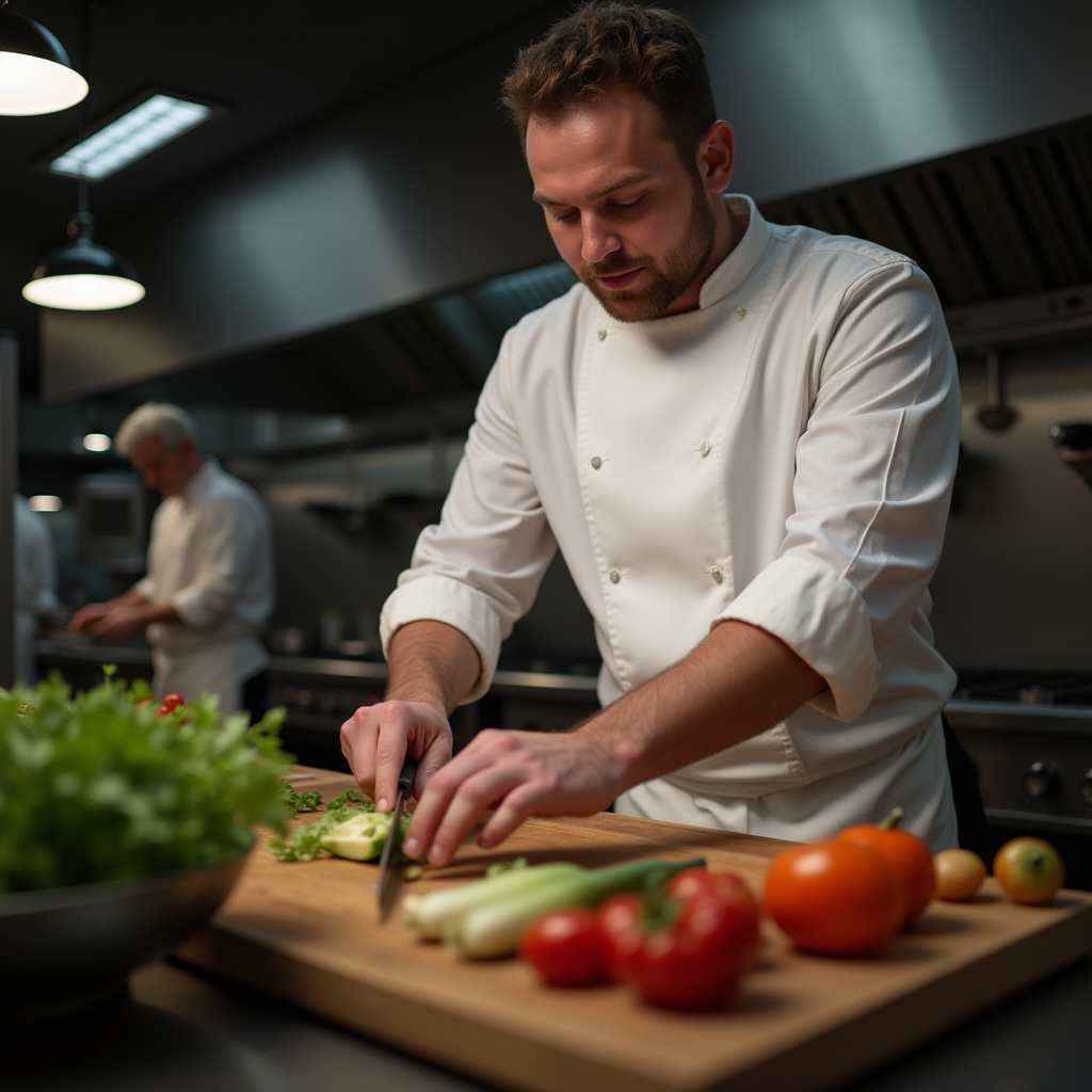 Professional chef demonstrating proper knife grip and cutting technique while preparing fresh vegetables on a wooden cutting board in a well-lit culinary training kitchen
