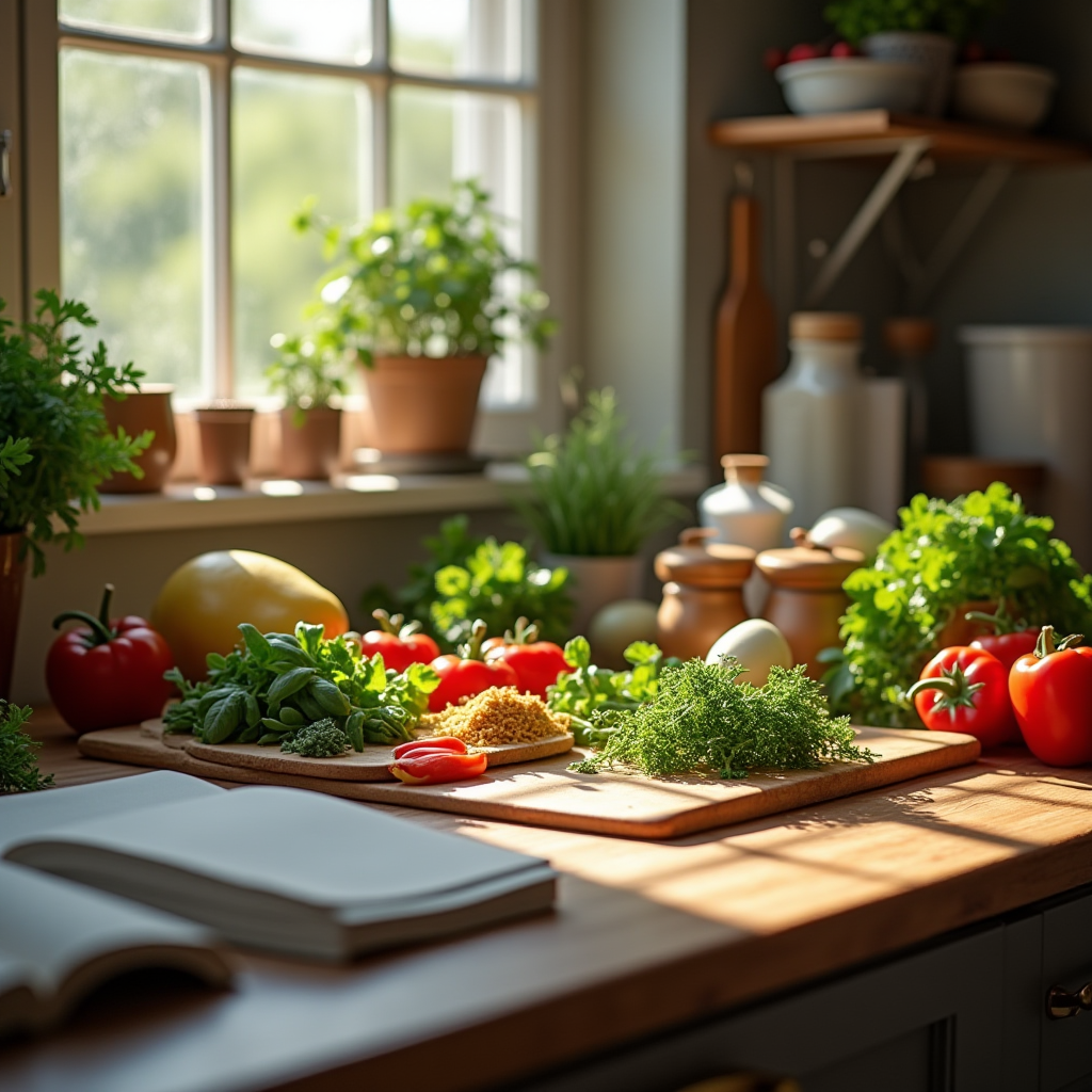 Kitchen workspace with various fresh ingredients arranged on wooden cutting board, including herbs, vegetables, and pantry staples, with recipe book open and measuring tools nearby, warm natural lighting