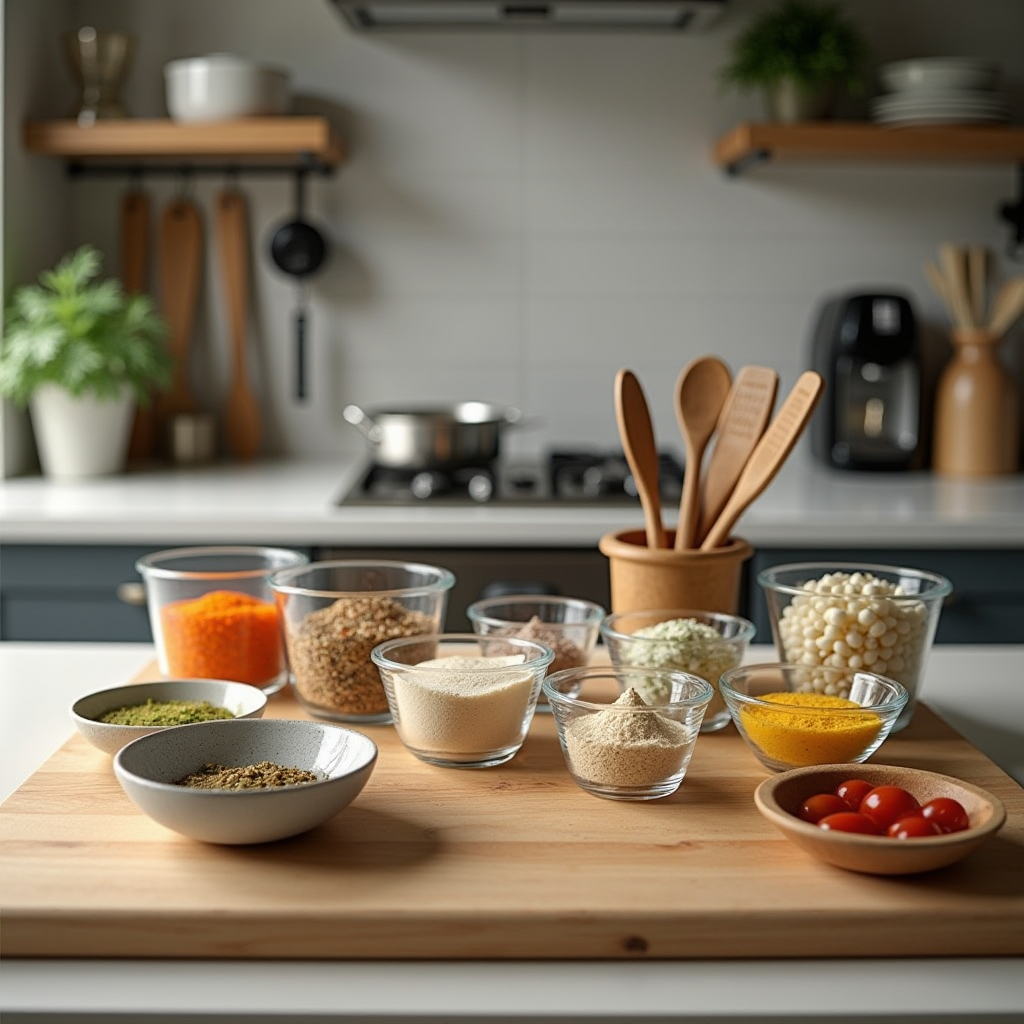 Professional kitchen workspace showing mise en place setup with ingredients organized in small glass bowls, measuring cups, and containers arranged neatly on a clean wooden cutting board with cooking utensils ready