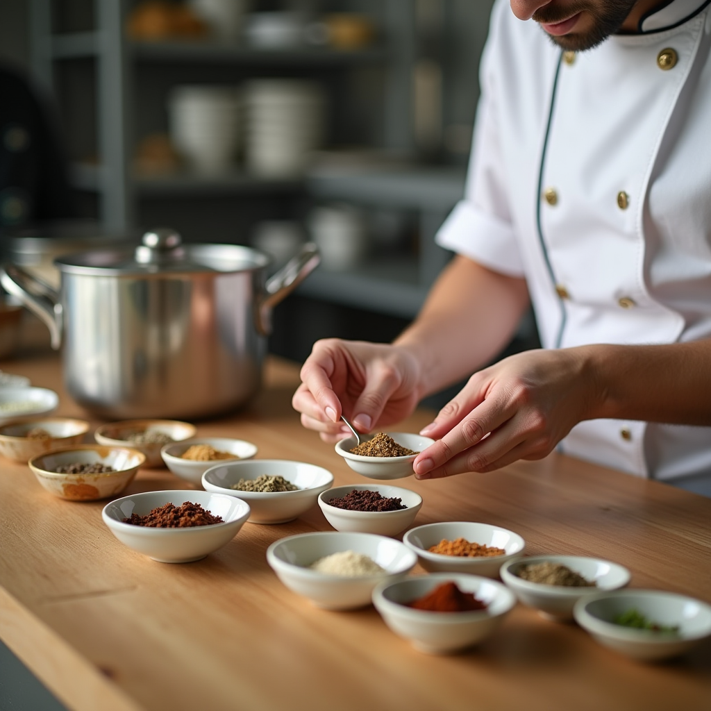 Culinary student carefully tasting and adjusting seasonings in multiple small bowls with various spices and herbs arranged on wooden counter in bright professional kitchen