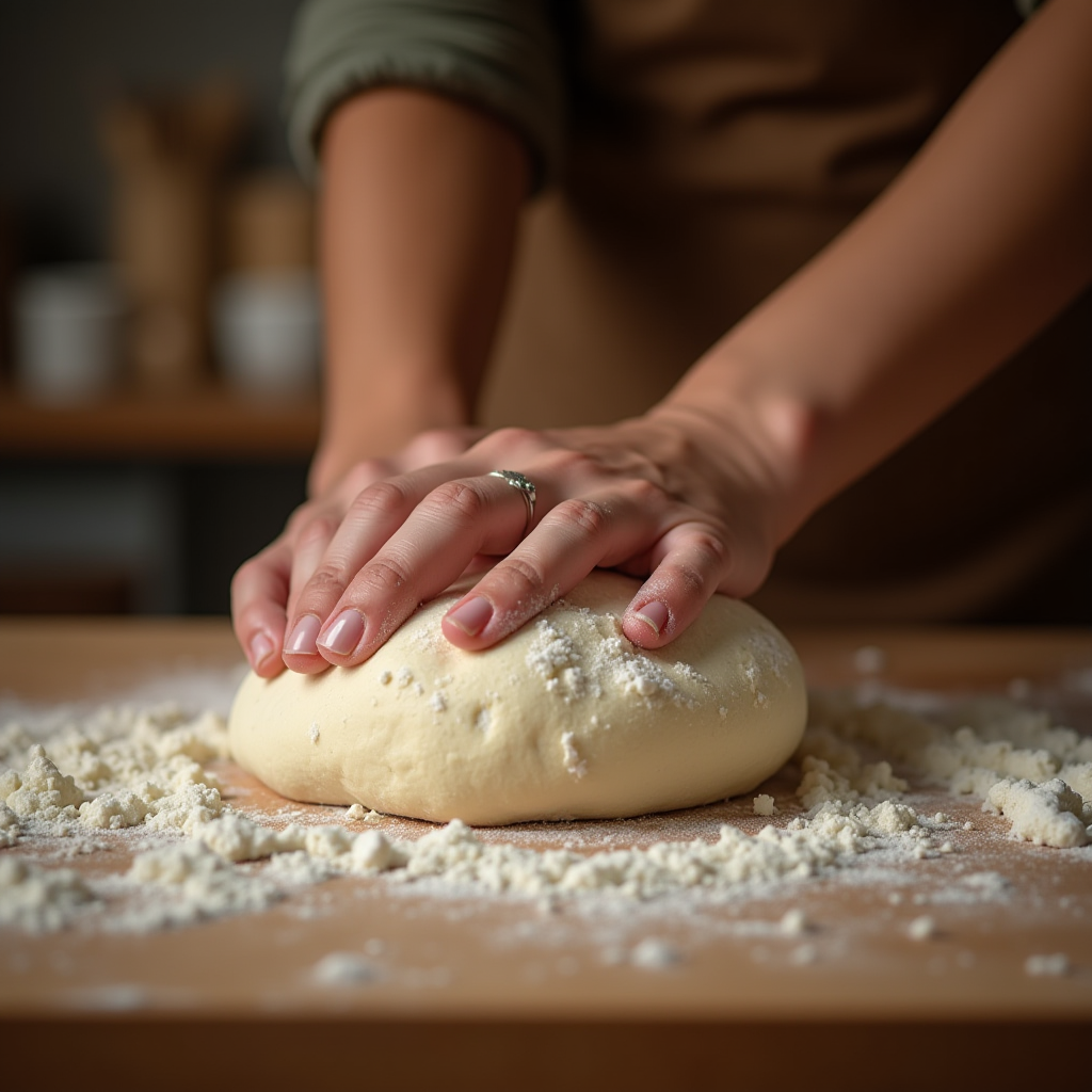 Close-up of hands kneading dough on a wooden surface with flour scattered around, demonstrating practical cooking technique instruction in a warm, inviting kitchen setting