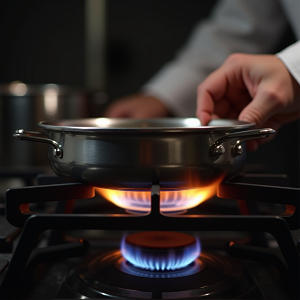 Professional chef's hand adjusting gas stove burner control with stainless steel pan on flame, demonstrating precise temperature management and heat control techniques in culinary education setting