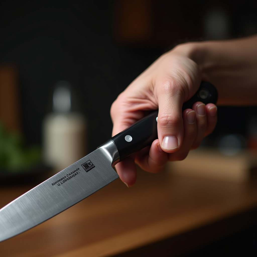 Detailed close-up photograph showing correct chef's knife grip technique with thumb and index finger pinching the blade just above the handle while other fingers wrap around the handle for optimal control