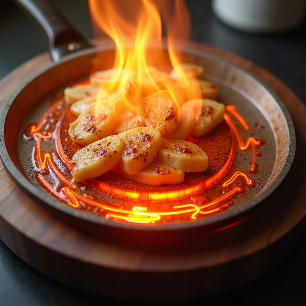 Close-up cross-section diagram showing heat transfer from burner through pan bottom to food with arrows indicating conduction convection and radiation in warm educational illustration style