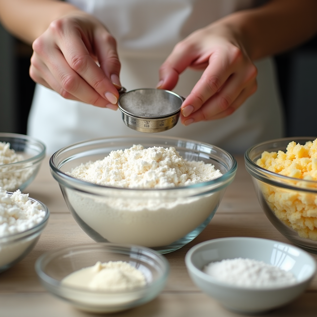 Close-up of hands measuring and comparing different ingredients in clear glass bowls, including various flours, sugars, and liquids, with measuring spoons and kitchen scale visible, educational demonstration setup