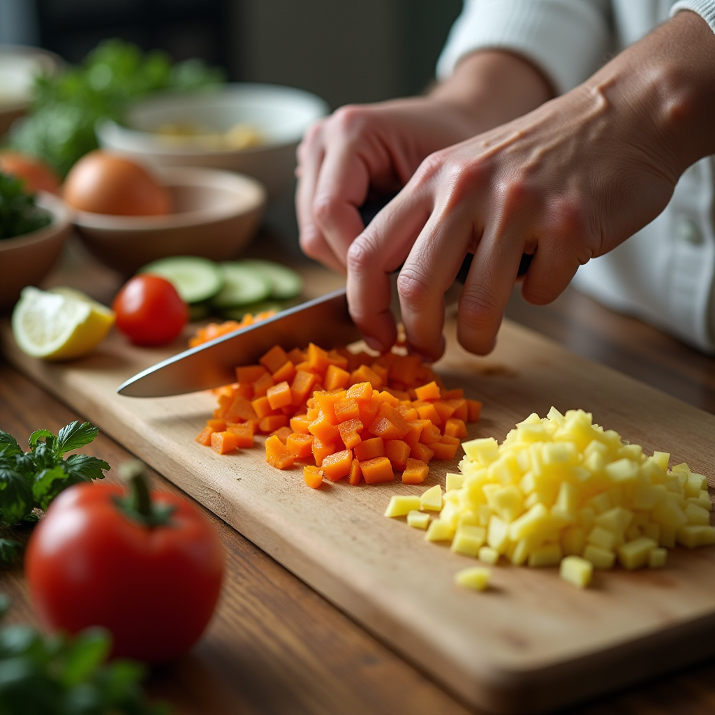 Detailed view of hands using proper knife technique to dice vegetables on a wooden cutting board, with organized bowls of prepped ingredients visible in soft focus in the background, natural kitchen lighting