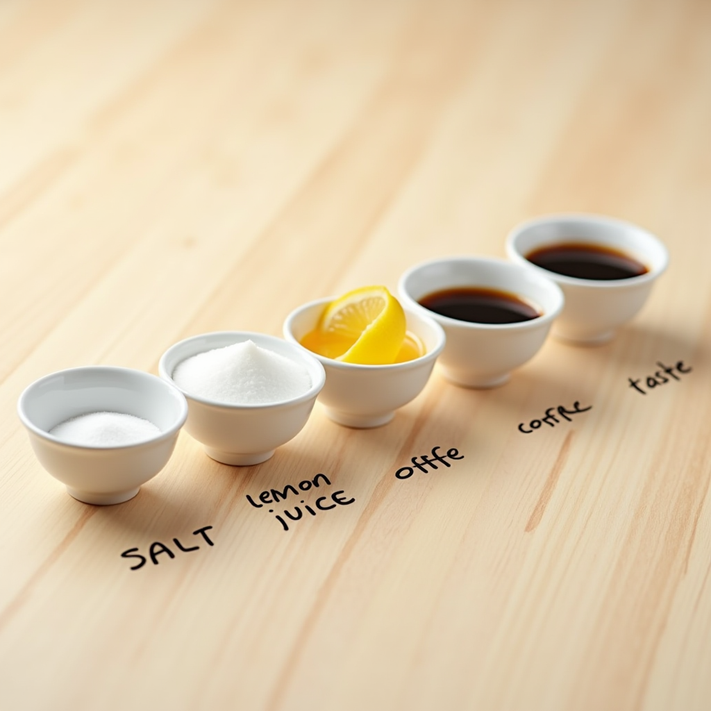 Close-up diagram showing five small white bowls containing salt sugar lemon juice coffee and soy sauce representing the five basic tastes on light wooden surface with labels