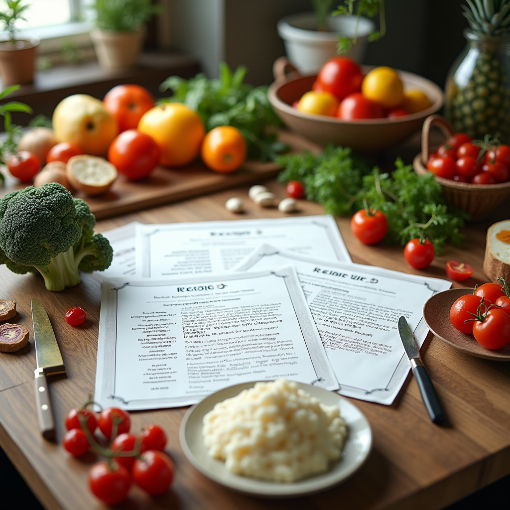 Organized cooking station with fresh ingredients, recipe cards, and cooking utensils arranged neatly, showing structured approach to recipe practice and skill development