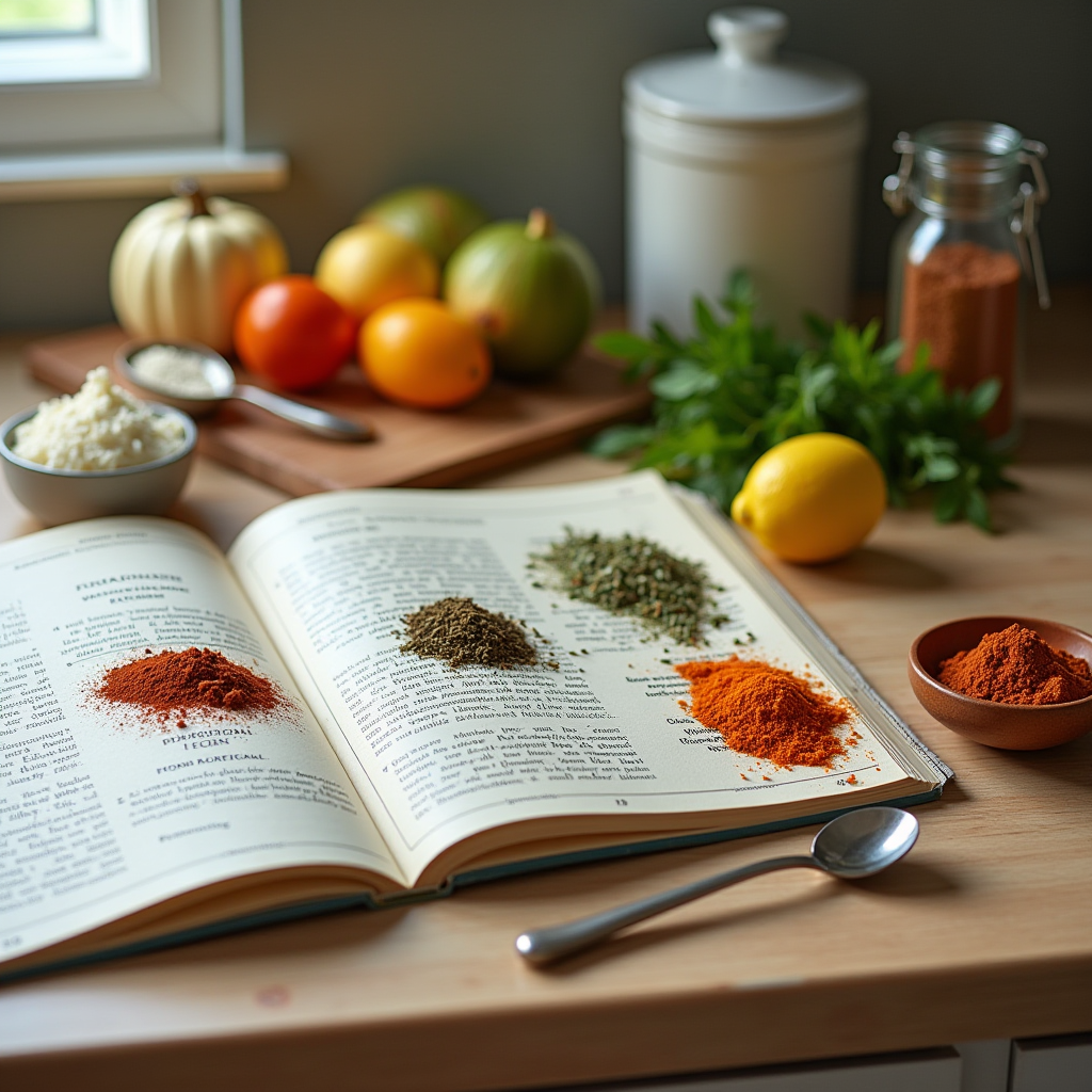 Organized display of various cooking ingredient substitutes including herbs, spices, and pantry items arranged on kitchen counter next to open recipe book, illustrating creative adaptation and culinary problem-solving skills