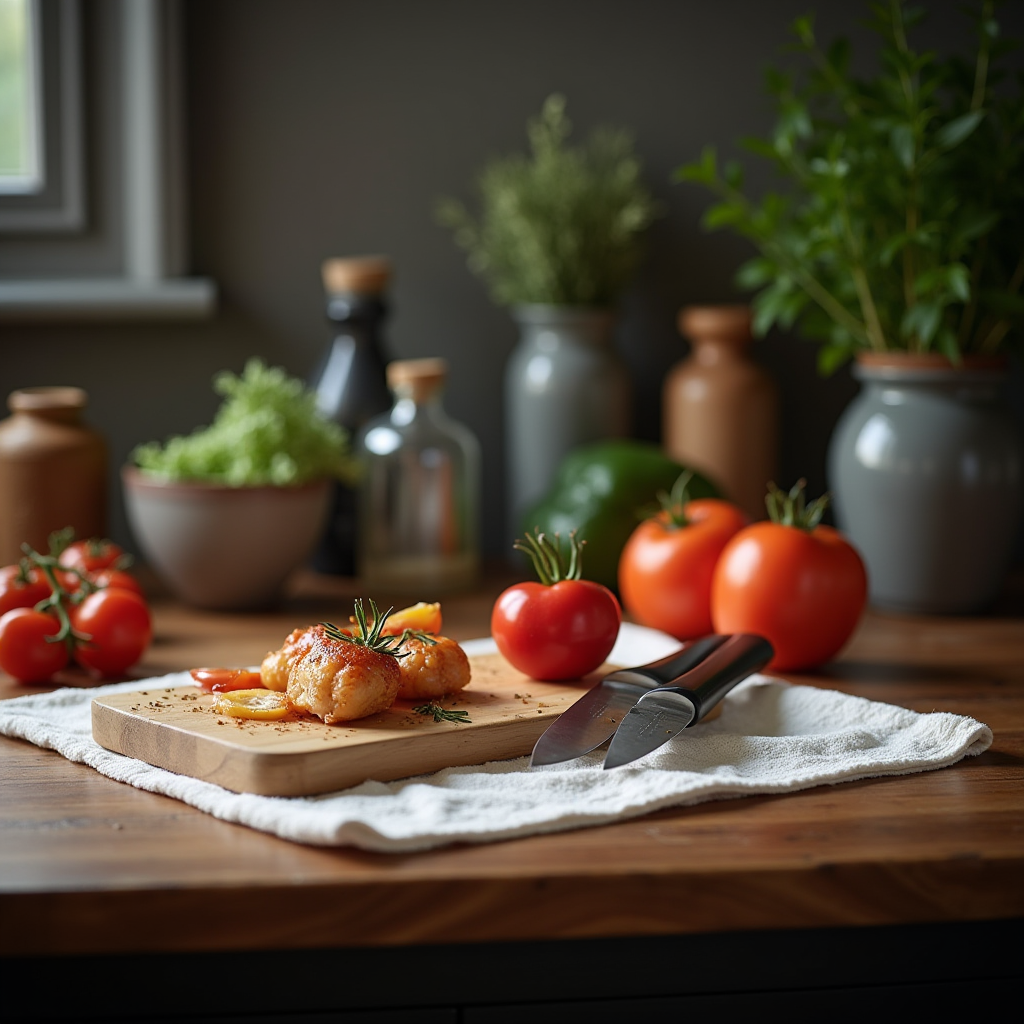 Well-organized culinary workspace showing a stable cutting board on damp towel, properly maintained sharp knives arranged safely, good lighting, and ergonomic counter height for comfortable extended practice sessions
