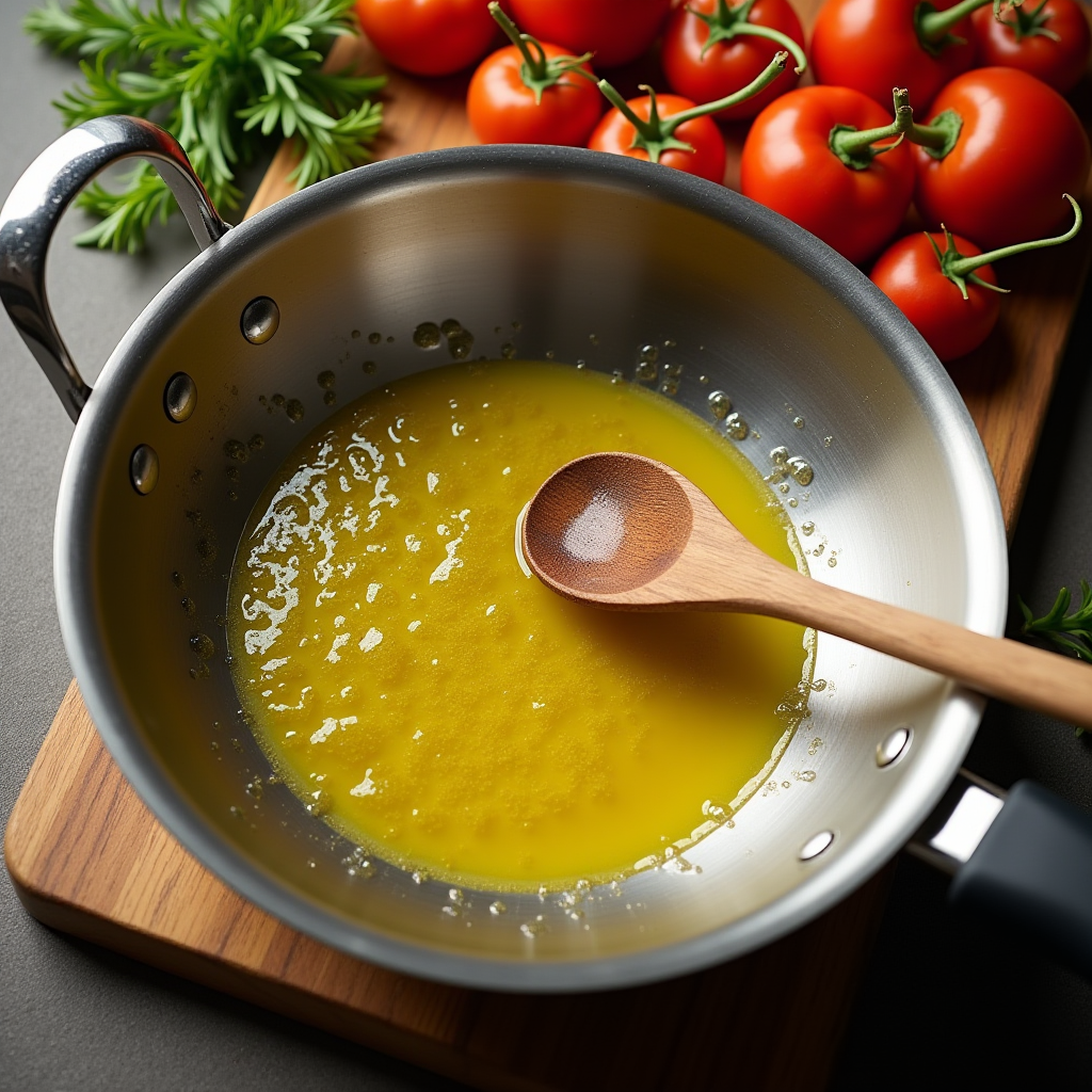 Overhead view of stainless steel pan with shimmering olive oil showing proper heating temperature with wooden spoon and fresh vegetables ready beside pan on wooden cutting board