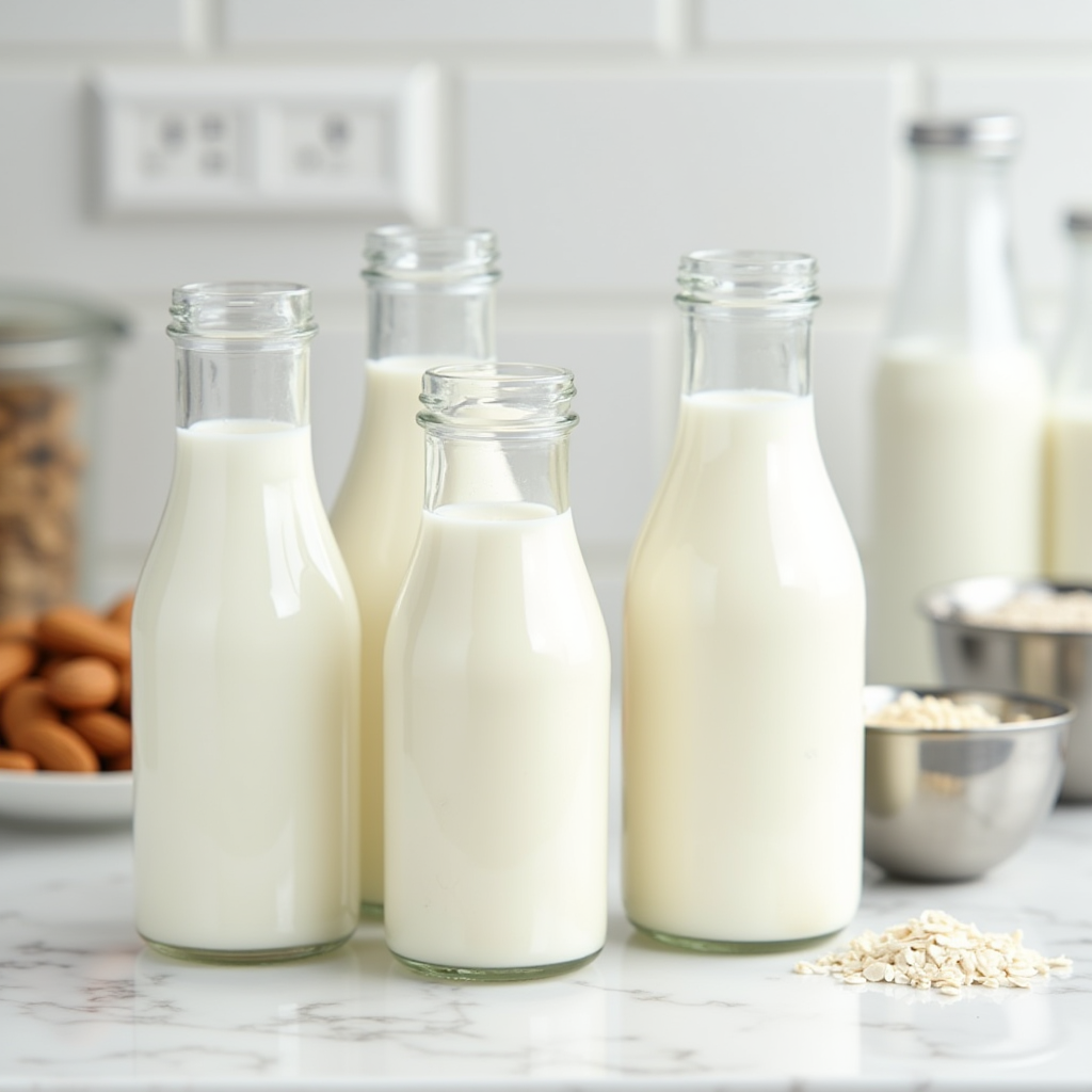 Array of different milk alternatives in glass bottles and measuring cups on marble counter, including dairy milk, almond milk, oat milk, and soy milk, with labels and comparison notes, bright kitchen setting