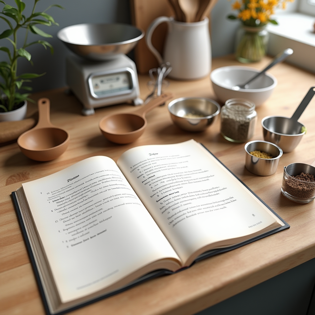 Kitchen counter setup showing an open recipe book, various measuring spoons and cups, a kitchen scale, and neatly arranged ingredients in clear containers, demonstrating complete mise en place preparation