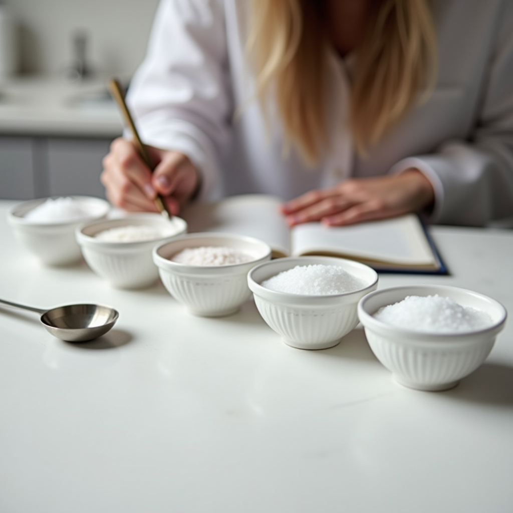 Student tasting from five identical white bowls arranged in a row each with different salt levels taking notes in notebook on clean kitchen counter with measuring spoons nearby