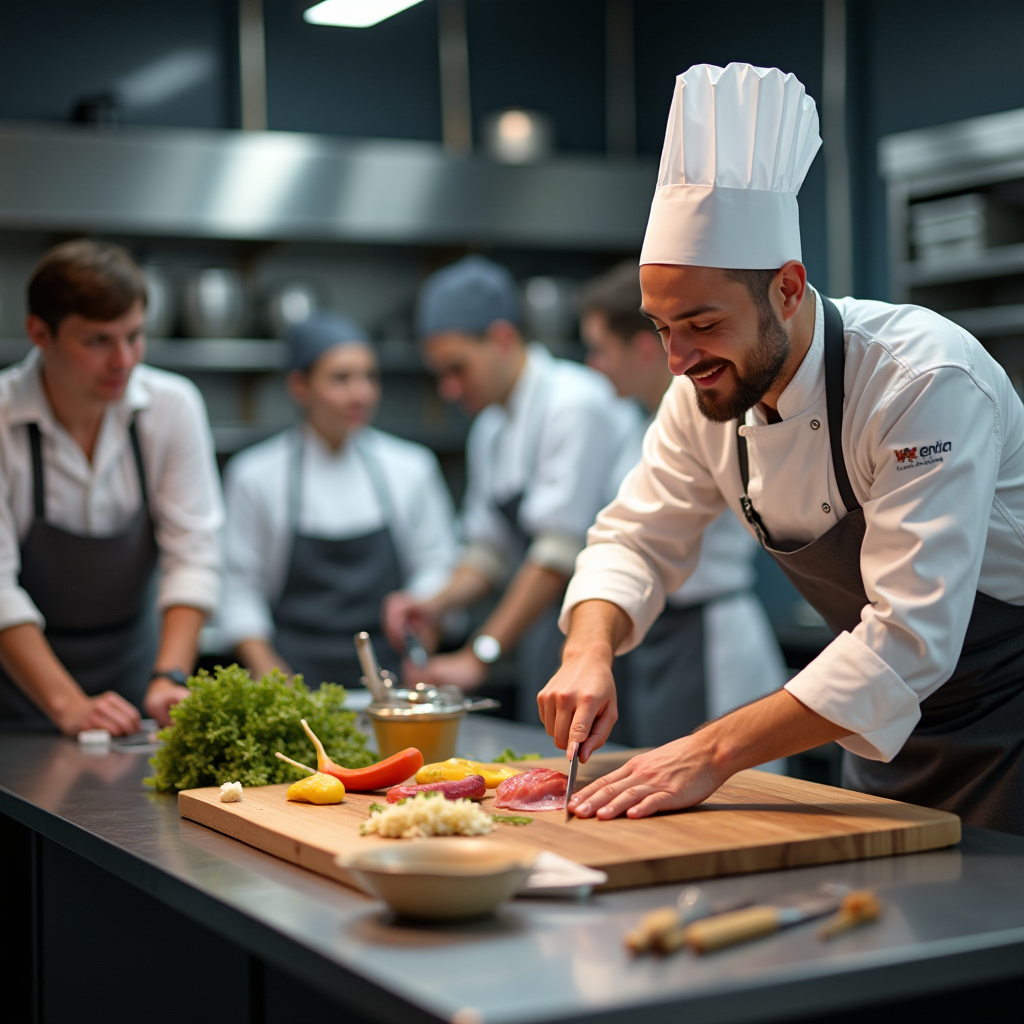 Instructor demonstrating proper knife technique to attentive students in a bright, modern culinary classroom with professional equipment