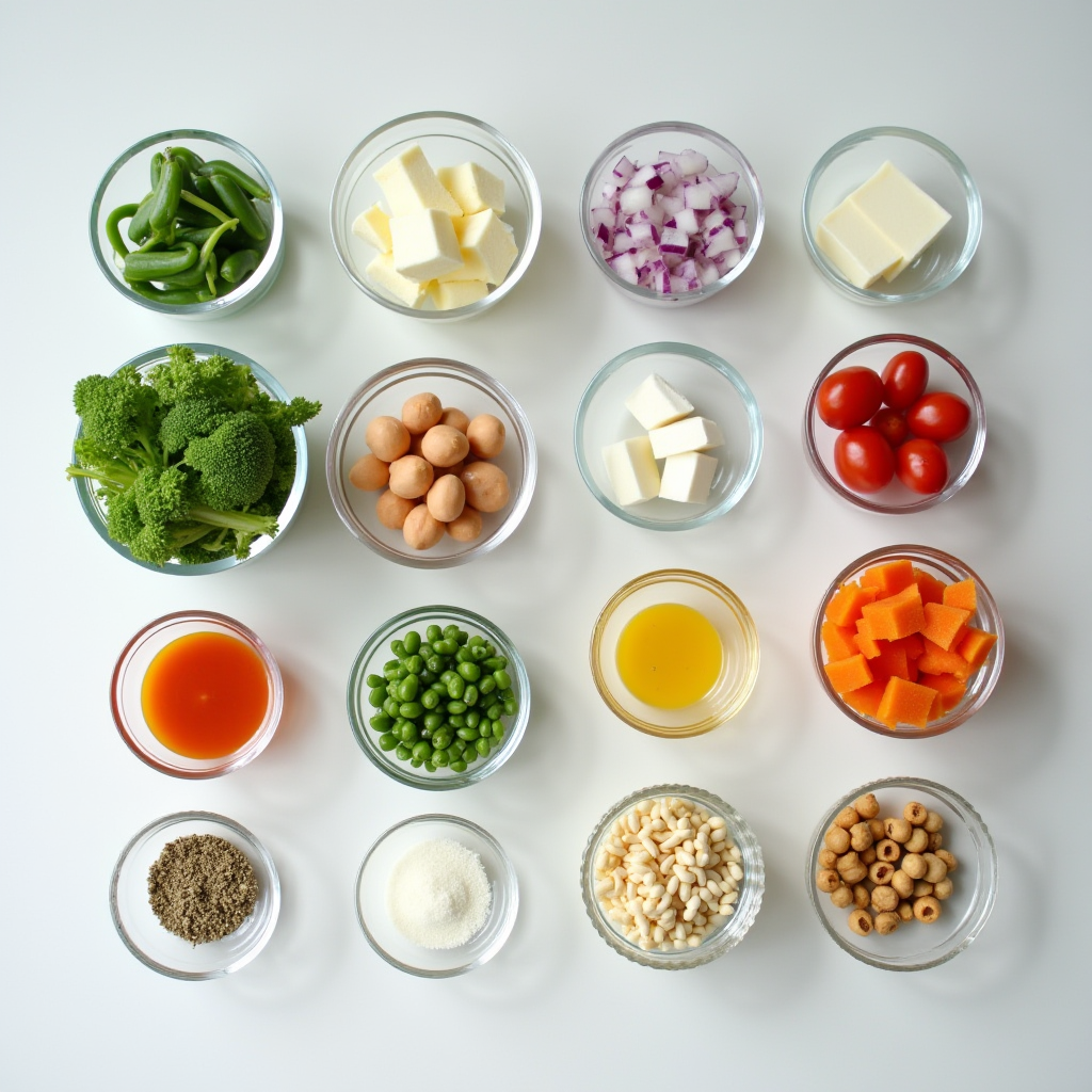 Perfectly organized mise en place setup with fresh ingredients prepped and arranged in small glass bowls on clean white counter, demonstrating French culinary organization technique and professional kitchen preparation methods
