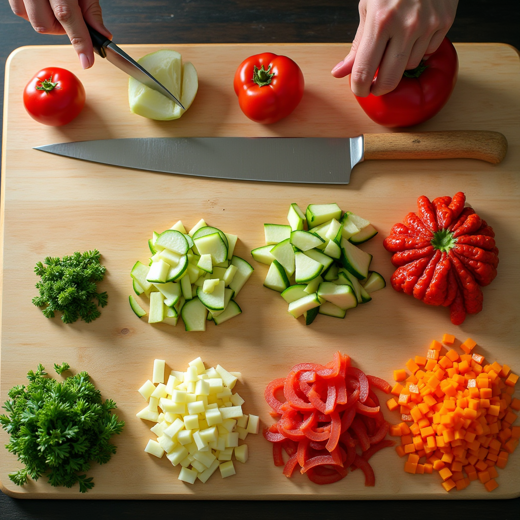 Educational display showing progression of knife cuts from simple thick slices to increasingly complex cuts including dice, julienne, and brunoise, demonstrating skill development stages with various vegetables arranged on wooden cutting board