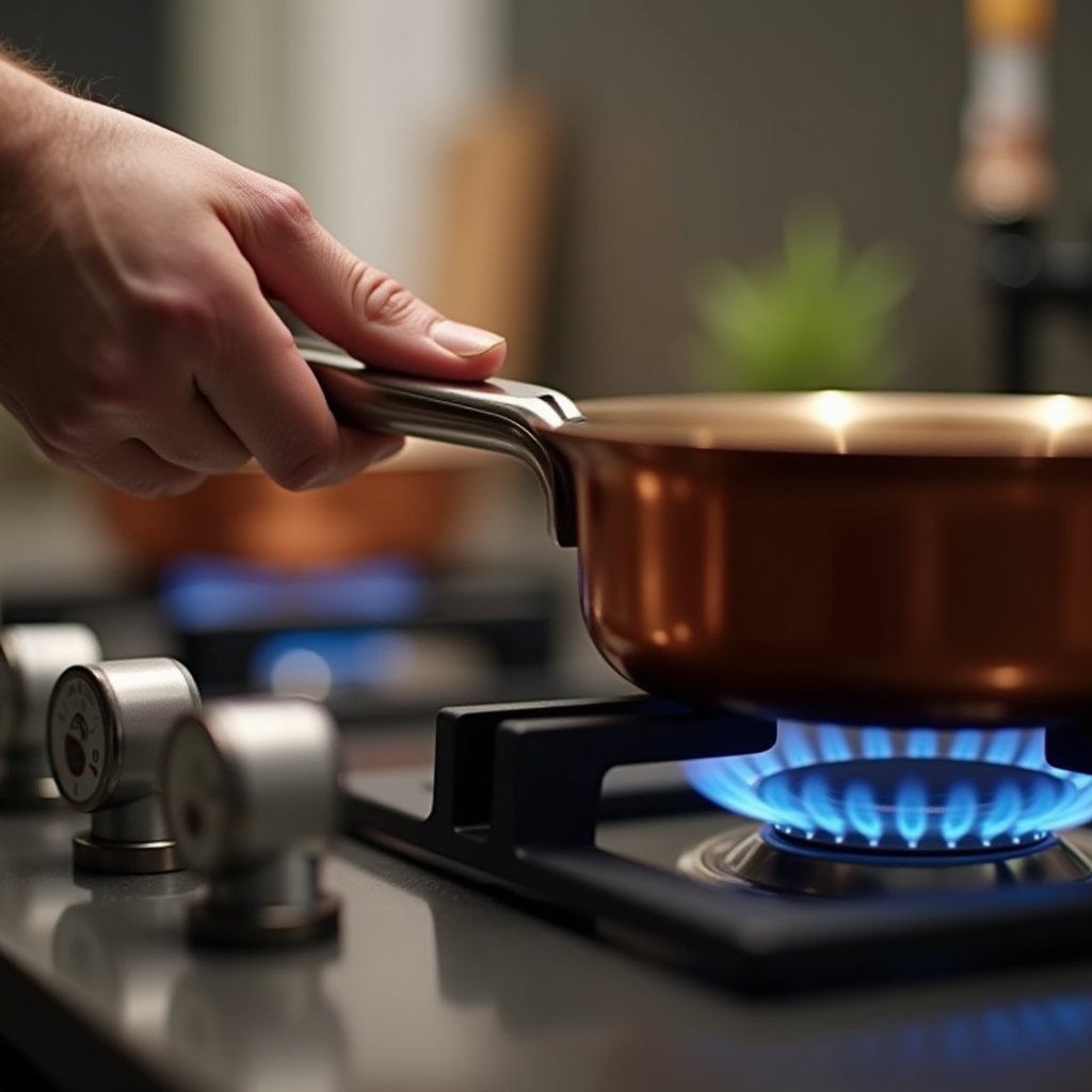 Side view of hand adjusting modern gas stove knob with blue flame visible under copper pan and kitchen timer on counter showing temperature control in action