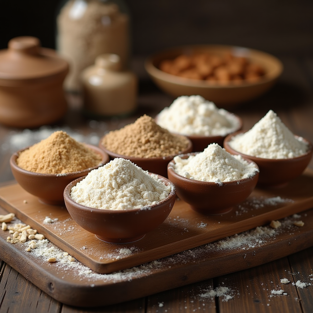 Variety of different flours in small bowls arranged on wooden board, including all-purpose, whole wheat, almond, coconut, and rice flour, with texture samples and descriptive labels, rustic kitchen background