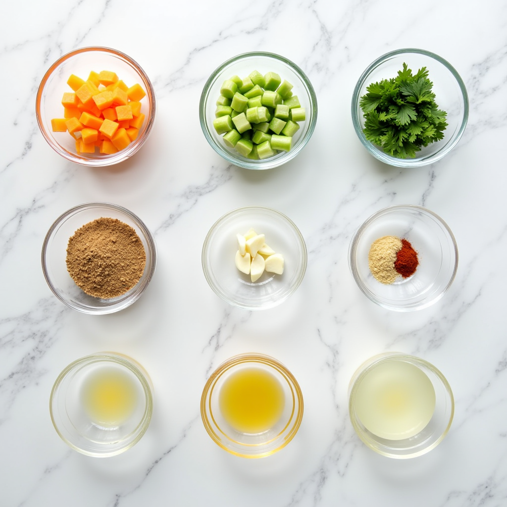 Top-down view of multiple small glass bowls containing various prepped ingredients including diced vegetables, measured spices, minced garlic, and portioned liquids arranged on a clean marble countertop