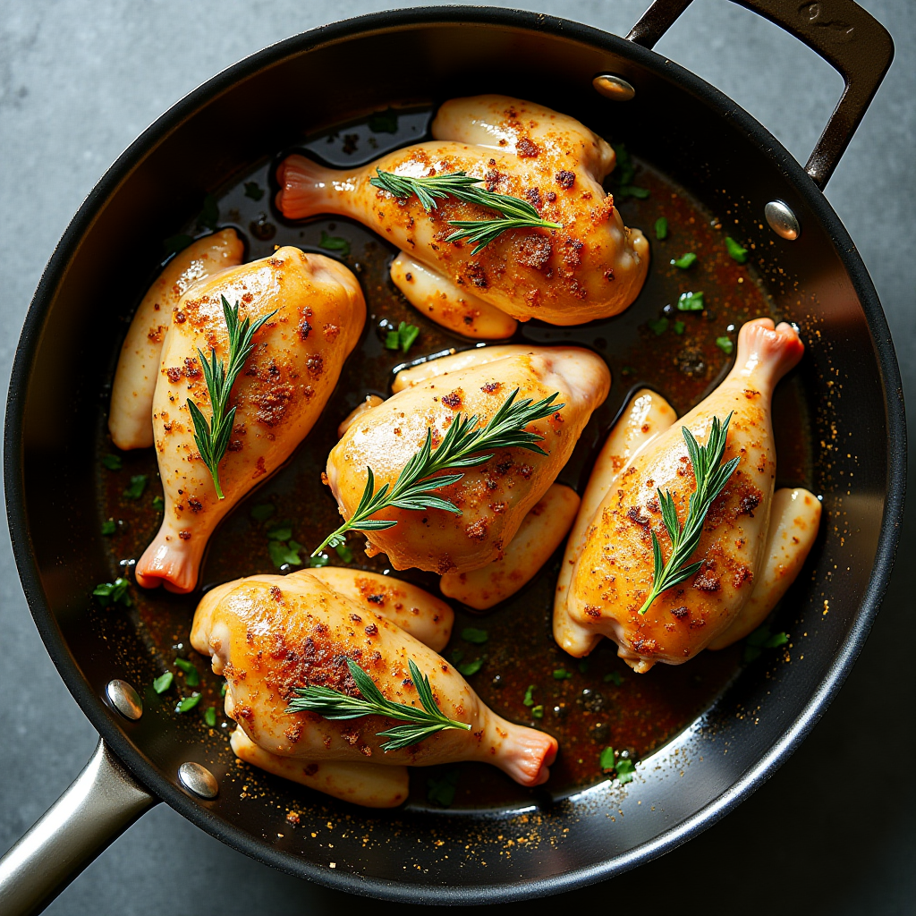 Overhead view of cooking process showing three stages raw seasoned chicken mid-cooking in pan and finished dish with fresh herbs demonstrating layered seasoning approach