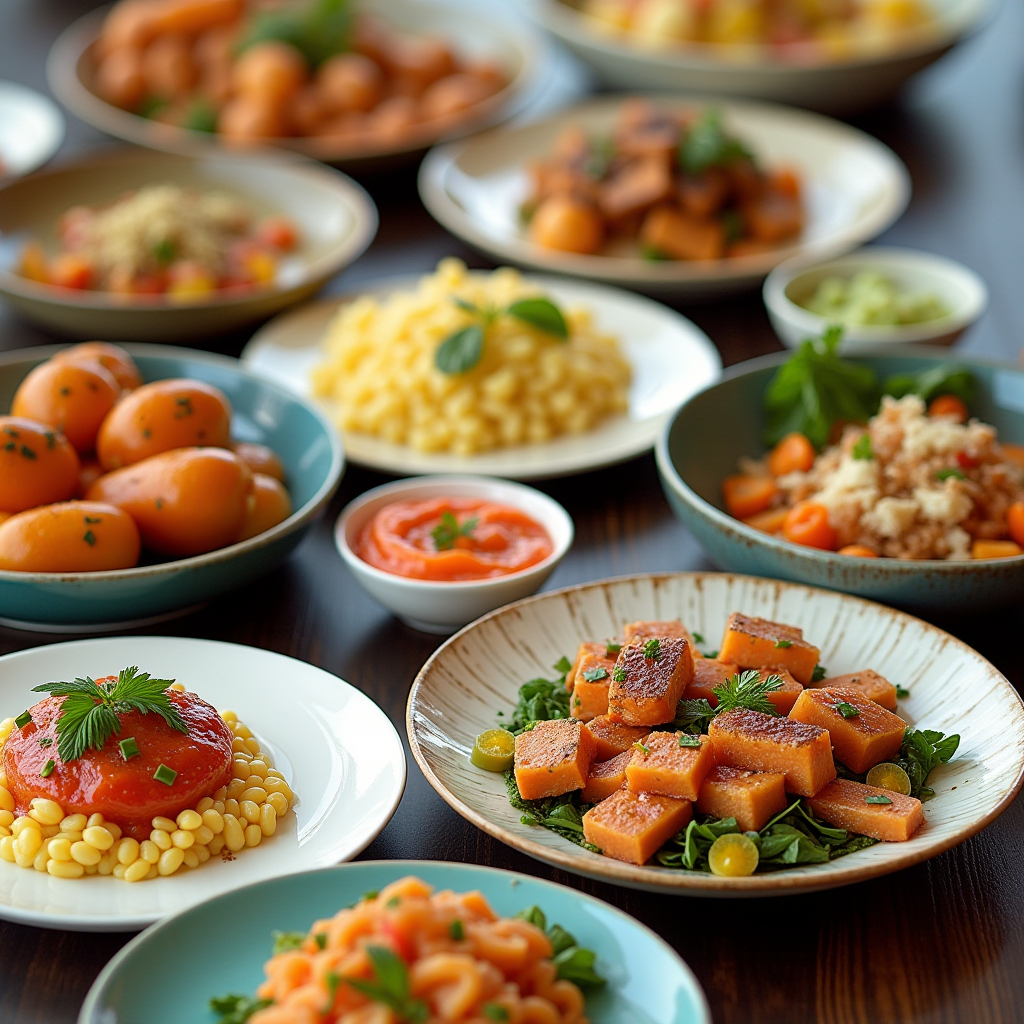 Colorful array of plated dishes showcasing creative culinary presentations, demonstrating the artistic possibilities of home cooking