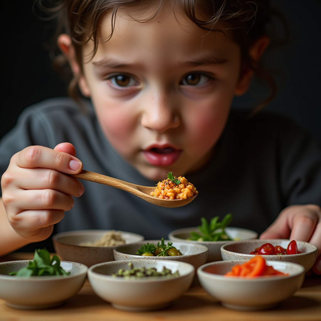 Student carefully tasting food from wooden spoon with array of fresh herbs and spices in small bowls nearby, demonstrating palate development and seasoning judgment training in culinary workshops