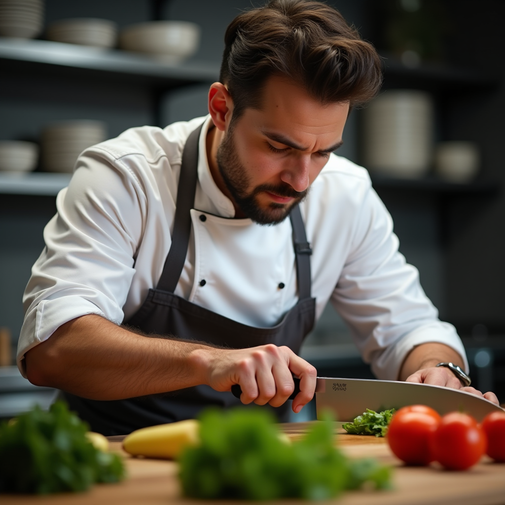 Culinary student practicing knife techniques with concentrated expression, demonstrating proper hand positioning and grip while working through progressive cutting exercises on fresh vegetables in training kitchen environment
