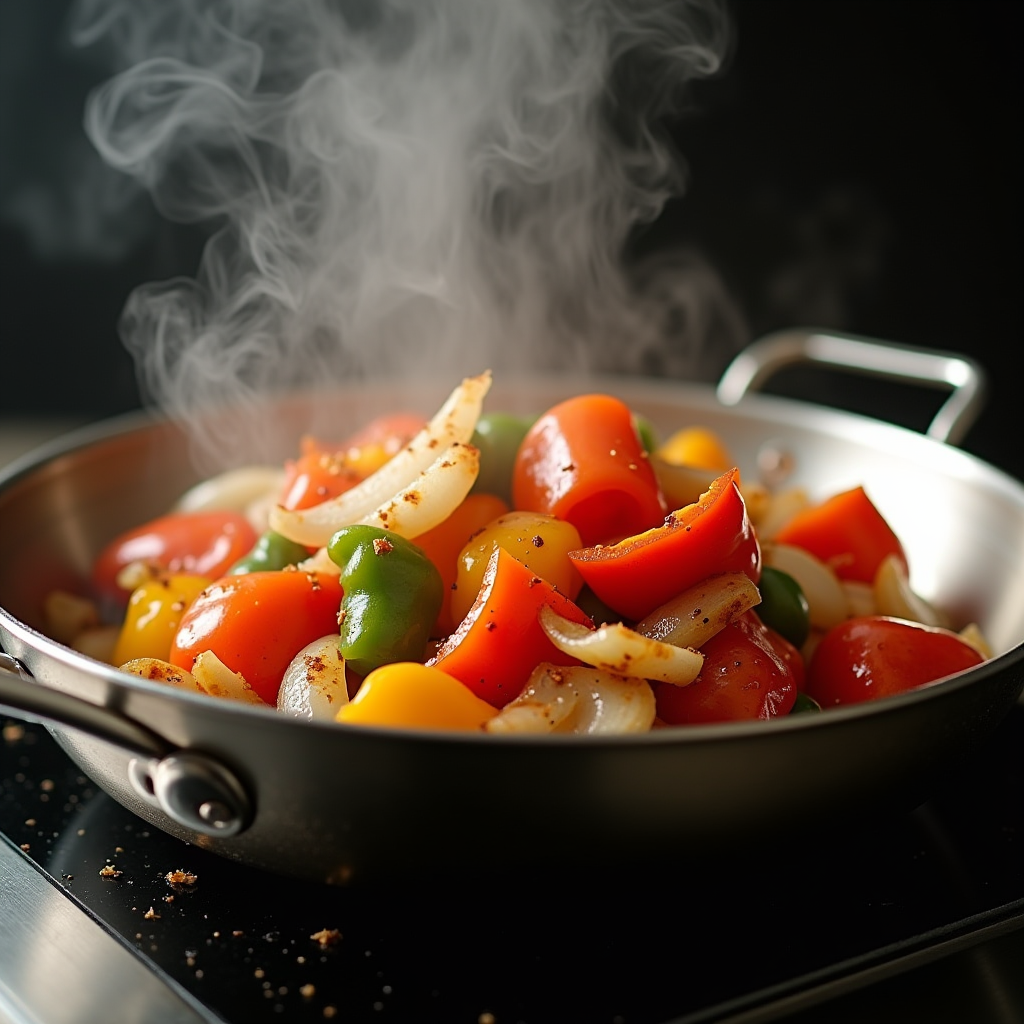 Dynamic action shot of colorful bell peppers and onions being tossed in large stainless steel saute pan with visible steam and golden browning on vegetables