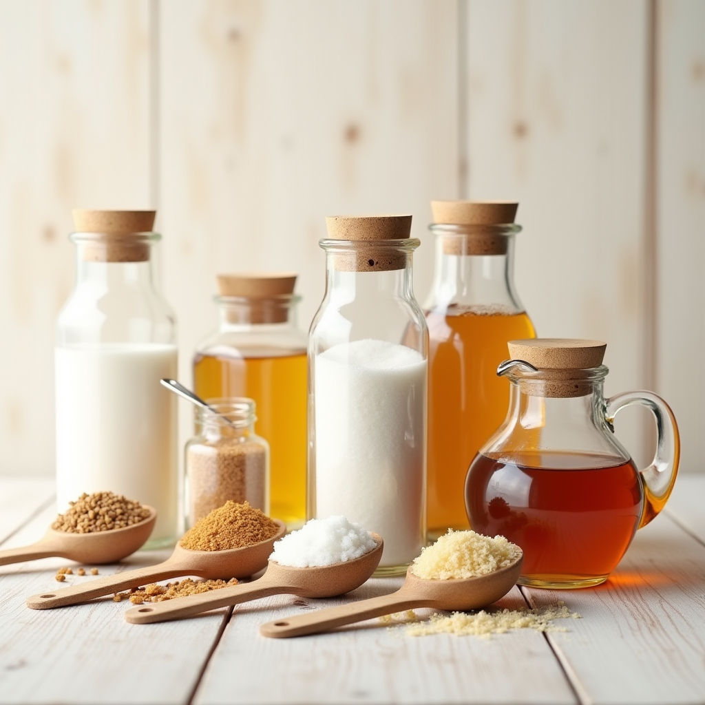 Collection of different sweeteners in glass jars and measuring spoons, including white sugar, brown sugar, honey, maple syrup, and coconut sugar, arranged on light wooden surface with natural lighting