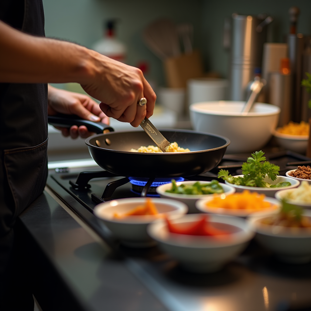 Side view of a person cooking at a gas stove with a pan, with organized bowls of prepped ingredients arranged on the counter within easy reach, demonstrating efficient cooking workflow