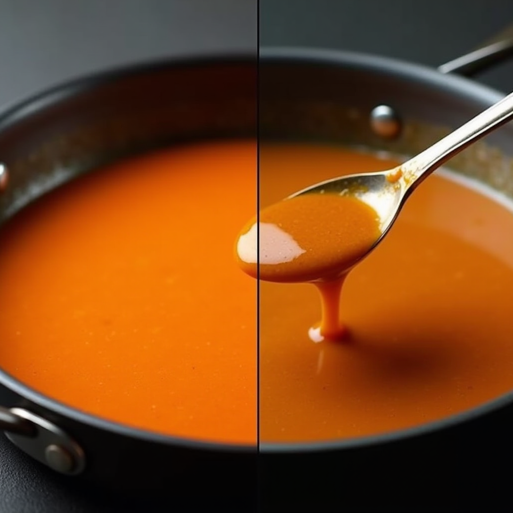 Side-by-side comparison of sauce in pan at beginning of reduction and after reduction showing color and consistency changes with tasting spoon demonstrating concentration effect