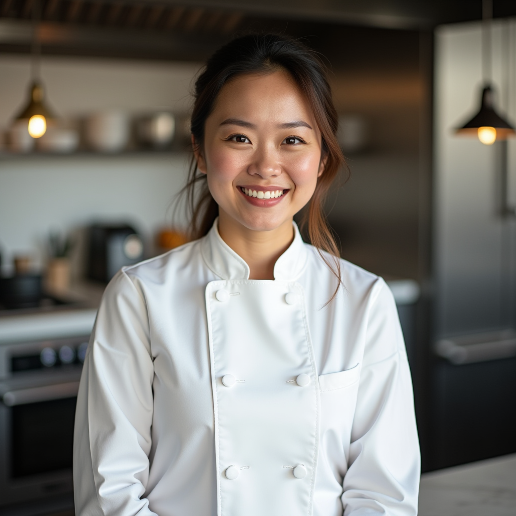Professional headshot of Chef Sarah Kim, lead culinary instructor with warm smile, wearing chef's whites in a modern kitchen setting