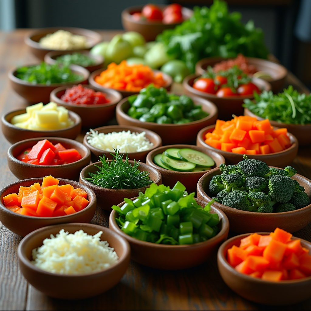 Professional mise en place display showing neatly organized bowls of uniformly cut vegetables, herbs, and ingredients prepared with precise knife work, demonstrating how proper cutting techniques contribute to efficient cooking workflow