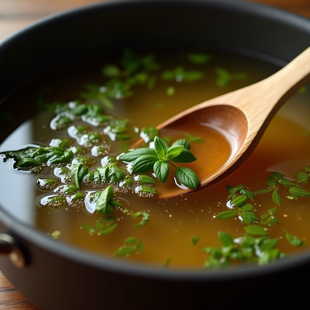 Close-up of large pot with clear broth showing perfect simmer with small bubbles breaking surface and fresh herbs floating with wooden spoon resting on pot edge