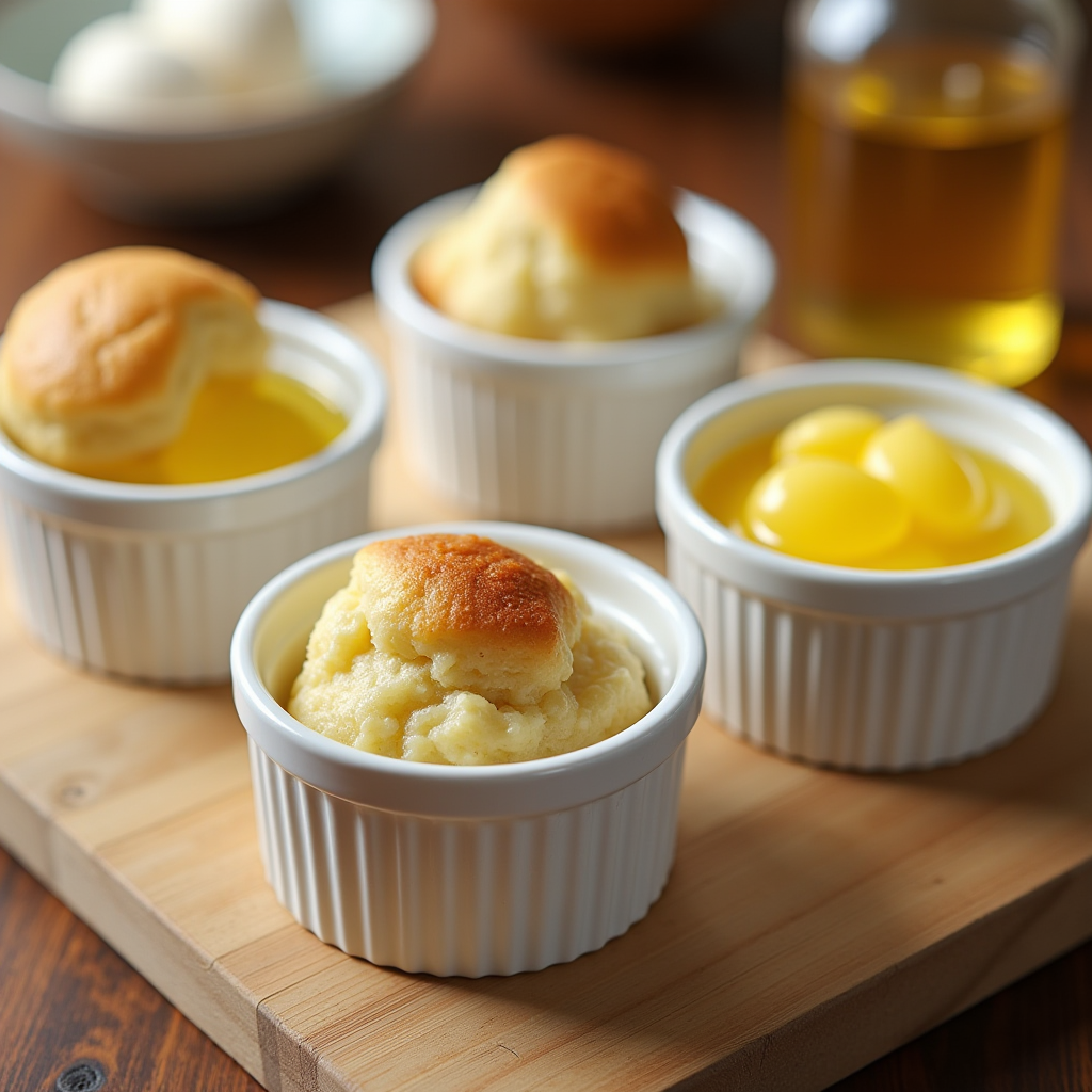 Comparison display of different cooking fats in small ramekins, including butter, olive oil, coconut oil, and vegetable oil, with baked samples showing texture differences, professional kitchen setup
