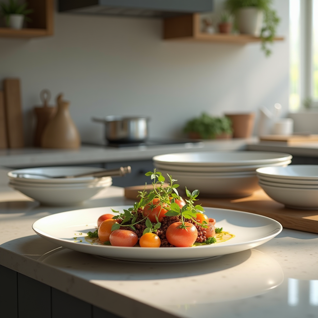 Wide shot of a clean, organized kitchen with finished dish plated beautifully on counter, empty prep bowls stacked neatly, and clean workspace demonstrating successful mise en place implementation
