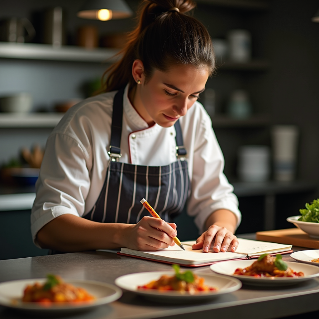 Student in kitchen with notebook documenting seasoning decisions and taste results with several simple dishes arranged for practice session showing focused learning approach