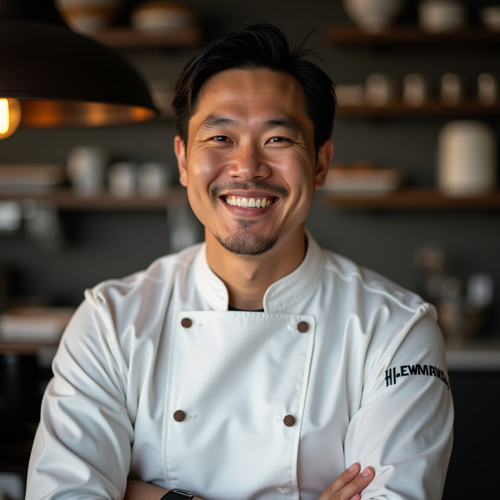 Professional headshot of Chef Marcus Chen, pastry and baking specialist, smiling warmly in professional kitchen attire with baking equipment visible in background