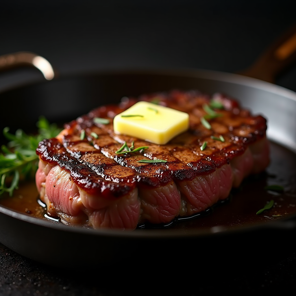 Professional quality photo of thick steak with perfect golden-brown crust in cast iron skillet with butter and herbs showing ideal searing results and caramelization