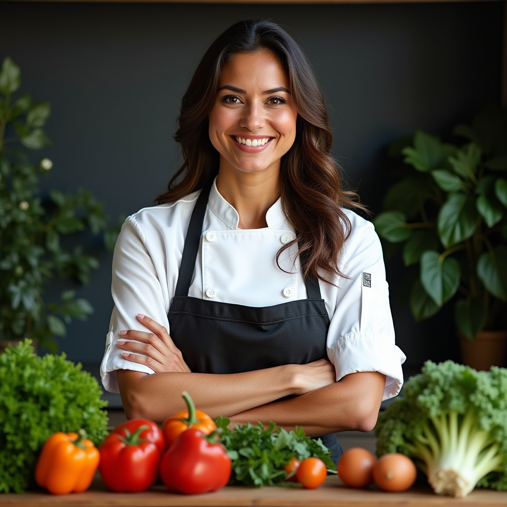 Professional headshot of Chef Elena Rodriguez, vegetable and plant-based cooking expert, in chef's attire surrounded by fresh produce and herbs