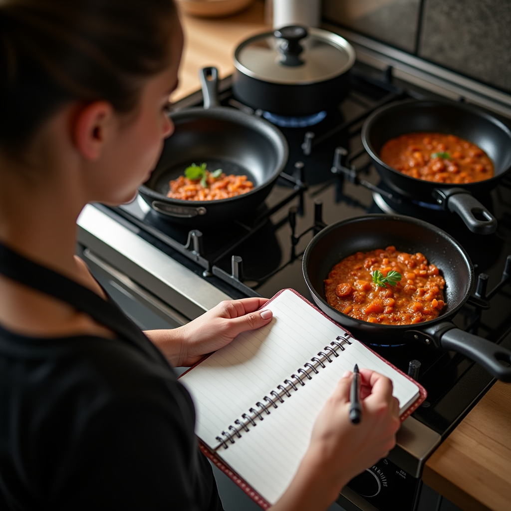 Overhead view of home cook taking notes in kitchen journal beside stove with multiple pans at different temperatures showing learning process and skill development