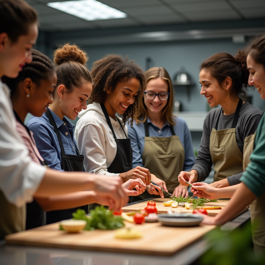 Group of diverse students working together in a culinary classroom, sharing ingredients and techniques, demonstrating collaborative learning environment and community spirit